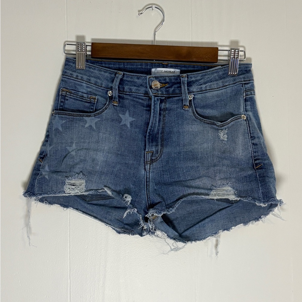 Good American Star-Patterned Blue Jean Shorts